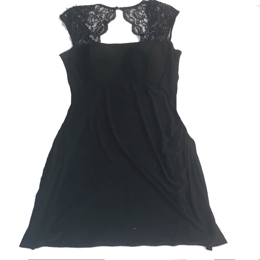 1X Black Yellow Star ModCloth Sheath Dress with Lace Shoulders and Keyhole Back